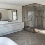 Custom Marble Vanity top with Mitered edge & Custom Front marble Panels/Drawers