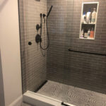 Shower Stall with Gray Gloss Subway and Glass Mosaic Floor Tile