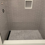 Gray Gloss Subway Tile with Glass Mosaic Floor and Linear Drain