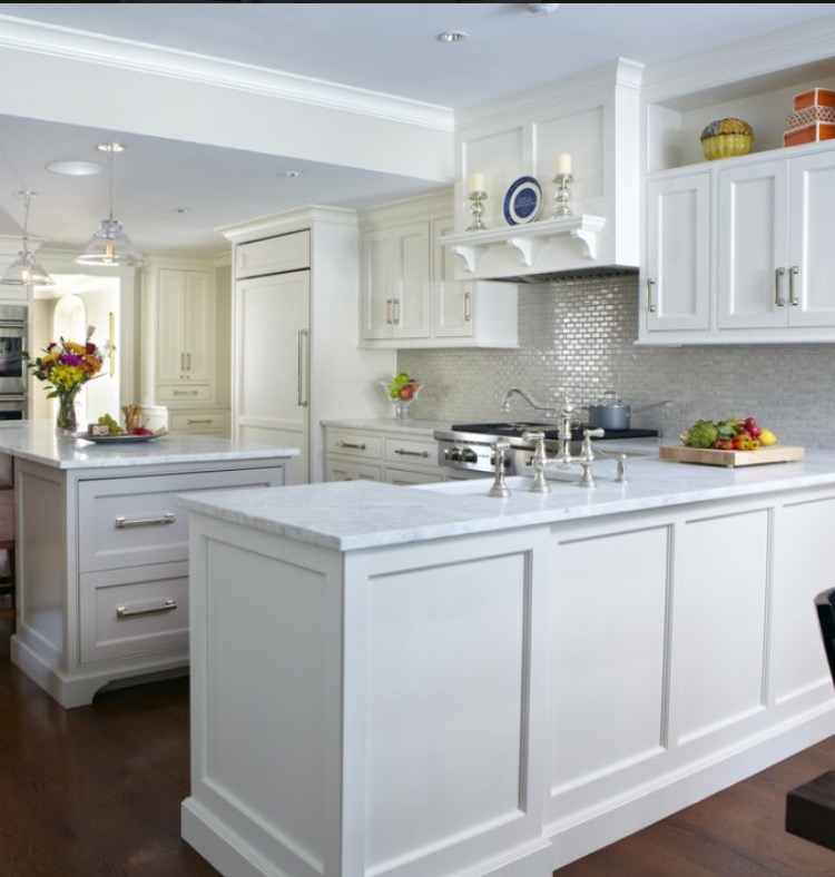 White Cararra Countertops with White Cararra Brick Mosaic Backsplash ...